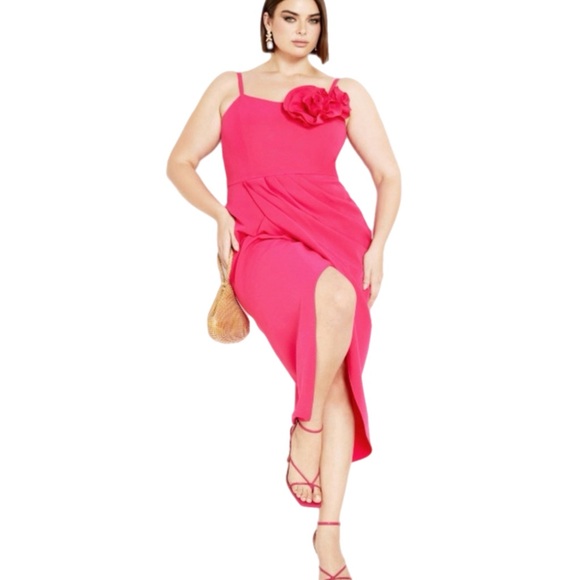 NWT Women’s Plus Size City Chic Vibrant Pink Fleur Midi Dress w/ Spaghetti Strap - Picture 2 of 7